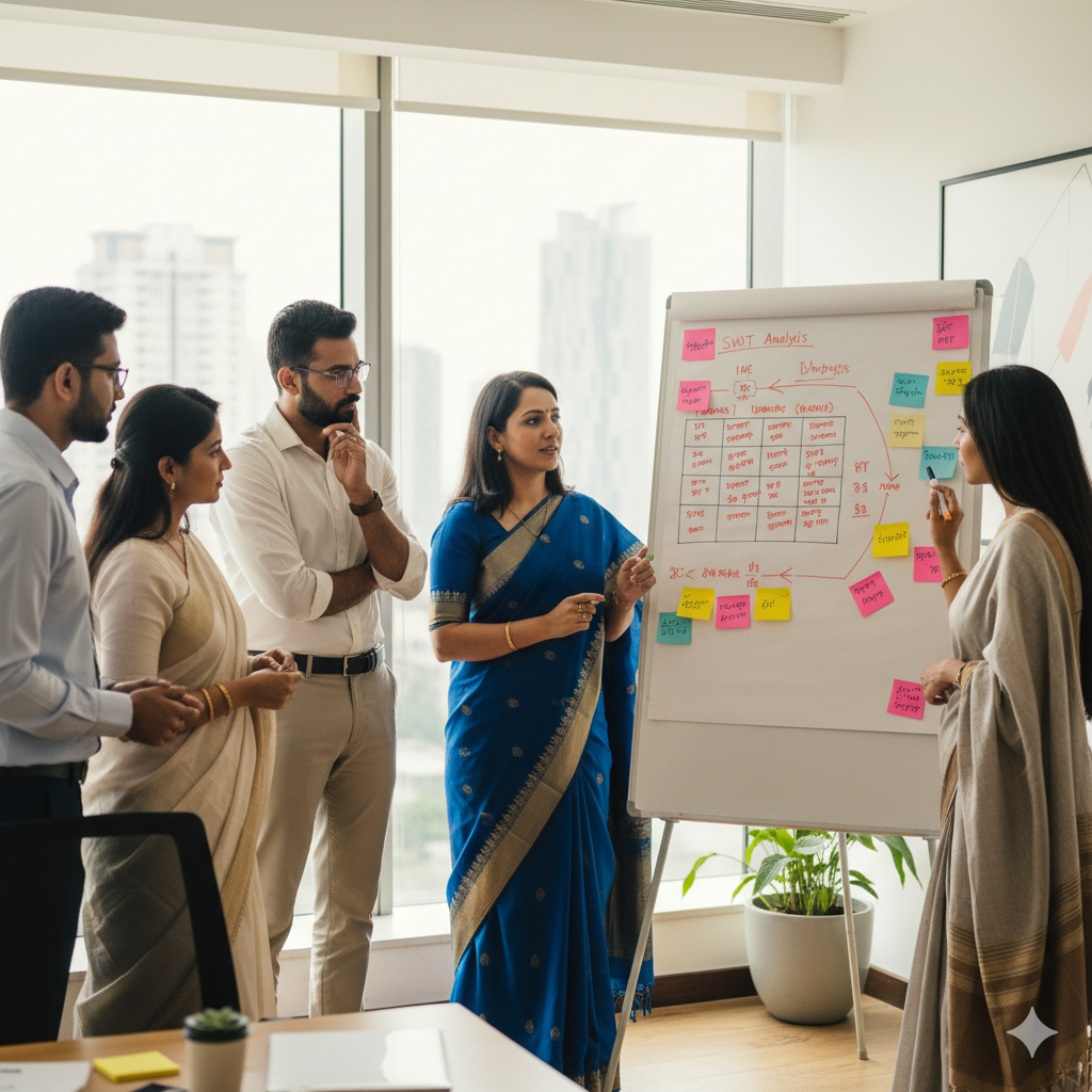 A professional team collaborating on a strategic roadmap on a whiteboard.
